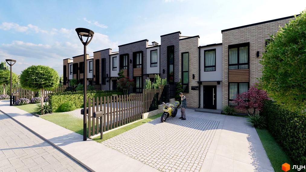 Зображення фасаду та прибудинкової території Котеджного містечка Симфонія. Перед будинком припаркований мотоцикл, поруч зелені насадження.