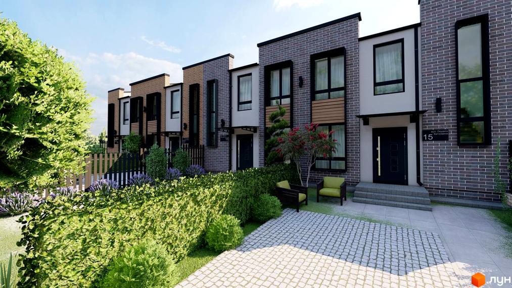 Зовнішній вигляд таунхаусів у Котеджному містечку Симфонія. Ландшафтний дизайн прибудинкової території з зеленими насадженнями.