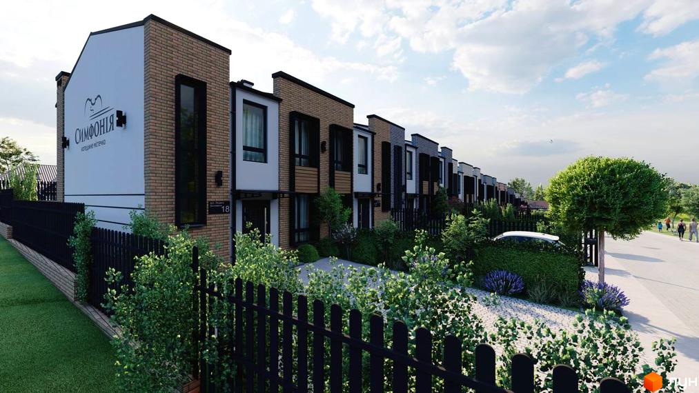 Ряд котеджів Котеджного містечка Симфонія з цегляними фасадами та темними вікнами. Перед будинками зелені насадження, чорний паркан та доріжка.