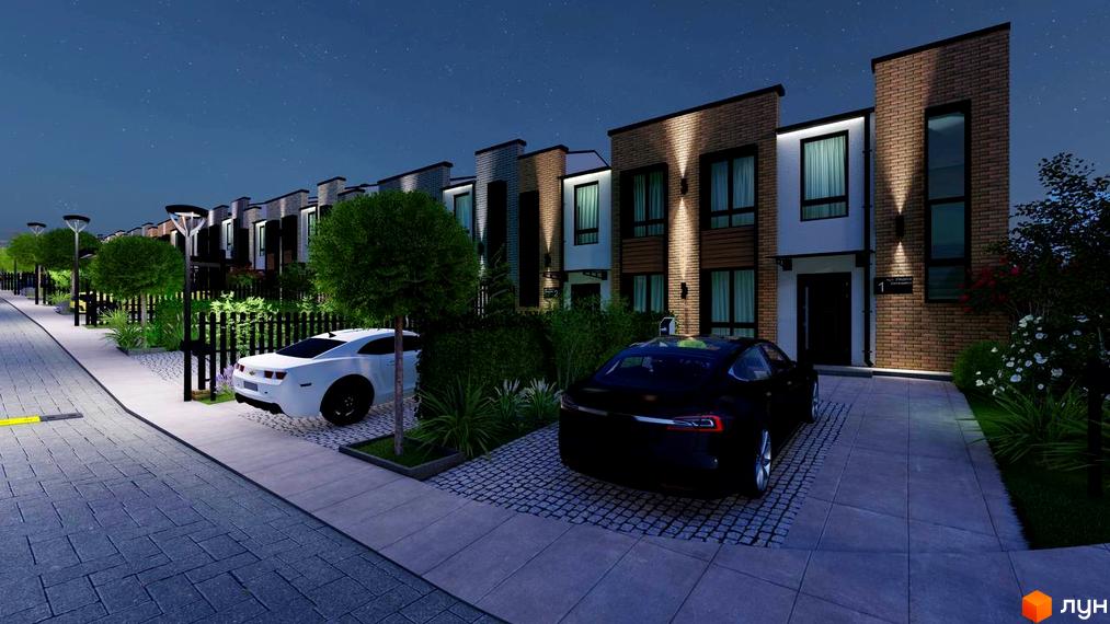 Котеджне містечко Симфонія: ряд будинків з цегляними фасадами та великими вікнами. На прибудинковій території є доріжки, дерева та автомобілі.