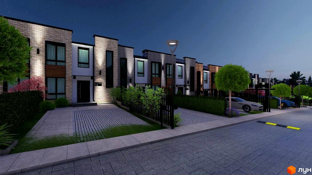 Зображення фасаду та прибудинкової території Котеджного містечка Симфонія. На передньому плані видно автомобілі та тротуарну плитку.