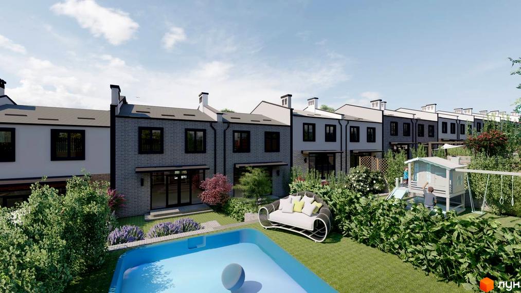 Котеджне містечко Симфонія: двоповерхові будинки з сірими фасадами та чорними вікнами. На подвір'ї басейн, дитячий майданчик та багато зелені.