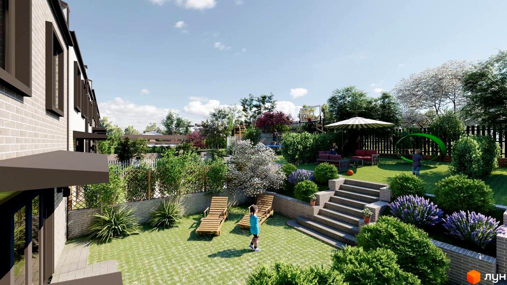 Зображення Котеджного містечка Симфонія з великою прибудинковою територією. На території є дитячий майданчик та зелені насадження.