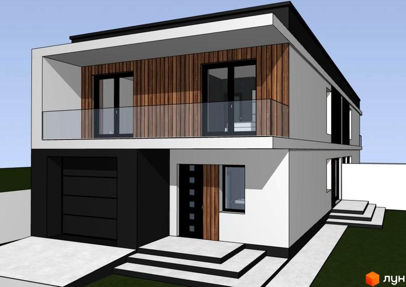 Фасад двоповерхового будинку з білими стінами, дерев'яною обшивкою та балконом зі скляною огорожею. На першому поверсі гараж та вхід з бетонними сходами.