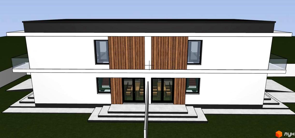 Зображення фасаду будинку на вулиці Олександра Вагерича (Лермонтова). Двоповерхова будівля з дерев'яним оздобленням та скляними балконами.