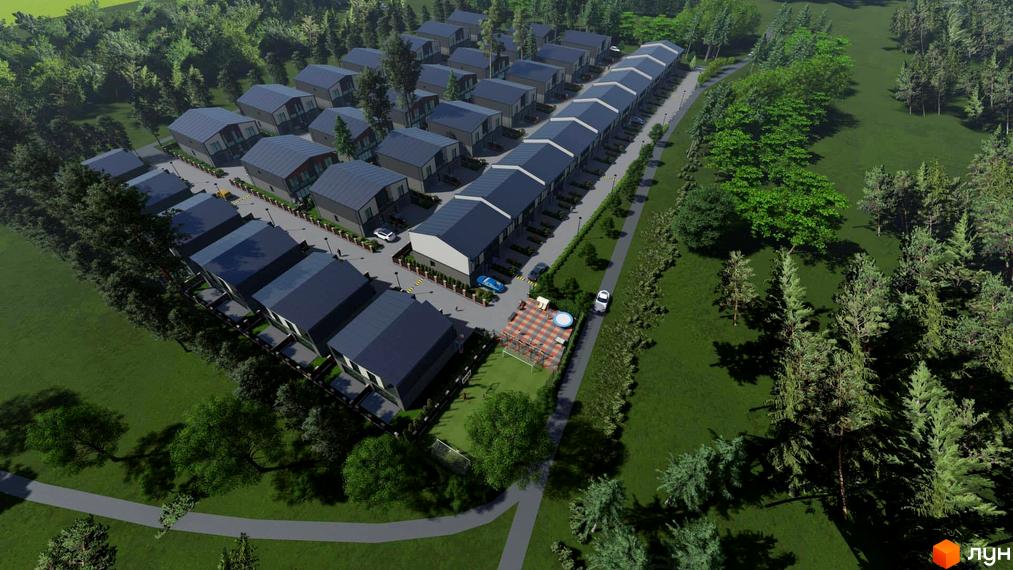 Вид зверху на Котеджне містечко CITY LOFT з будинками з темними дахами. На території дитячий майданчик, зелені насадження та парковка.