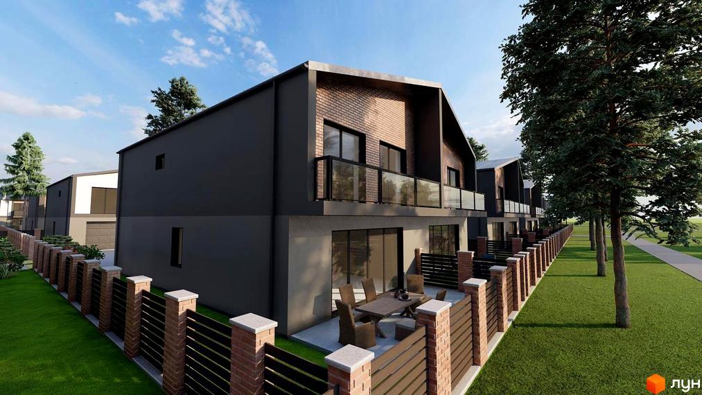 Котеджне містечко CITY LOFT: двоповерхові будинки темно-сірого кольору з цегляними елементами та балконами. Навколо зелений газон, огорожа та дерева.