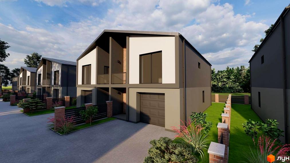 Зовнішній вигляд котеджного містечка КМ CITY LOFT з сірими фасадами, білими акцентами та гаражними воротами. На прибудинковій території - зелений газон, огорожа та декоративні рослини.