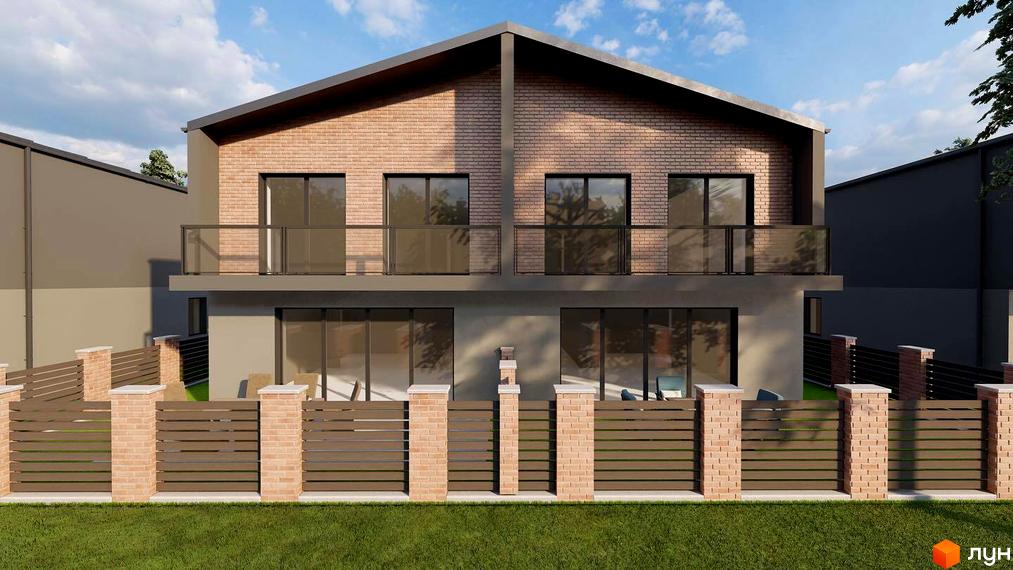 Зображення двоповерхового будинку в Котеджному містечку CITY LOFT з цегляним фасадом та великими вікнами. Перед будинком зелений газон та огорожа.