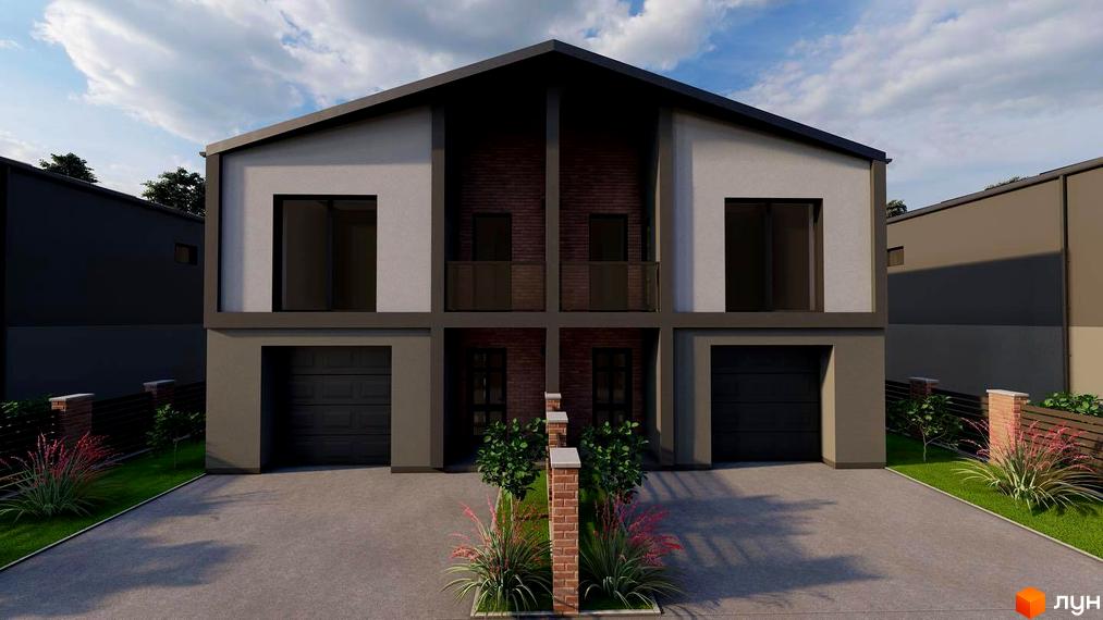 Зображення фасаду та прибудинкової території Котеджного містечка CITY LOFT. Двоповерховий будинок з гаражем та зеленим газоном.