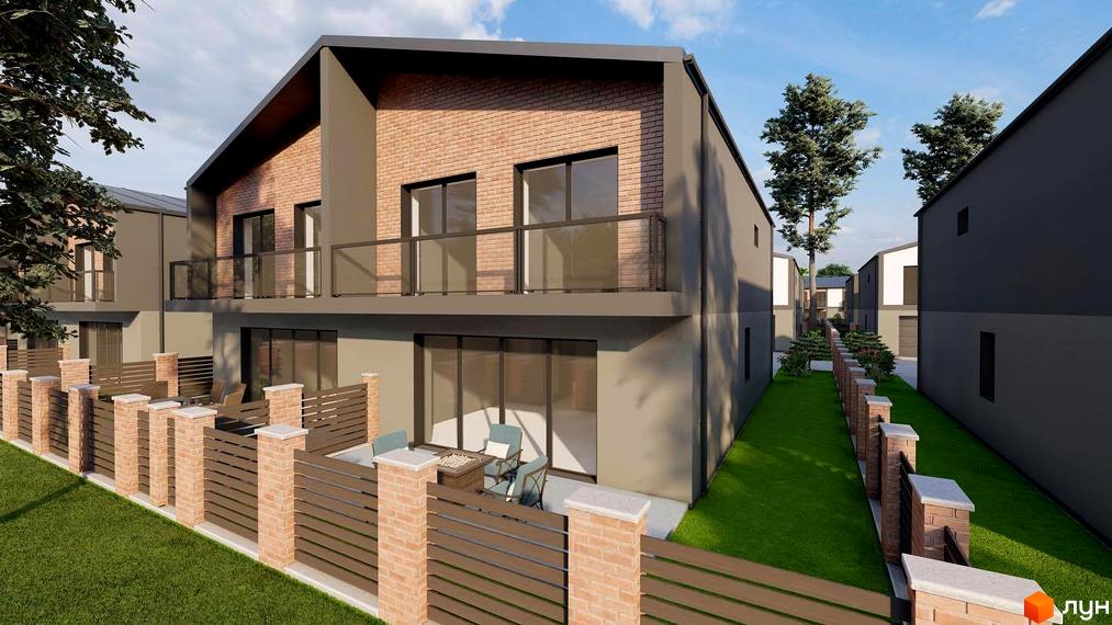 Котеджне містечко CITY LOFT: двоповерхові будинки з цегляними фасадами, великими вікнами та балконами. Прибудинкова територія має газон, огорожу та дерева.