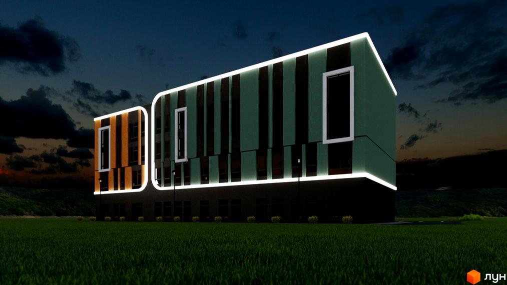 Зображення фасаду будинку в Житловому комплексі Акварель з підсвіткою на фоні вечірнього неба та зеленого газону.