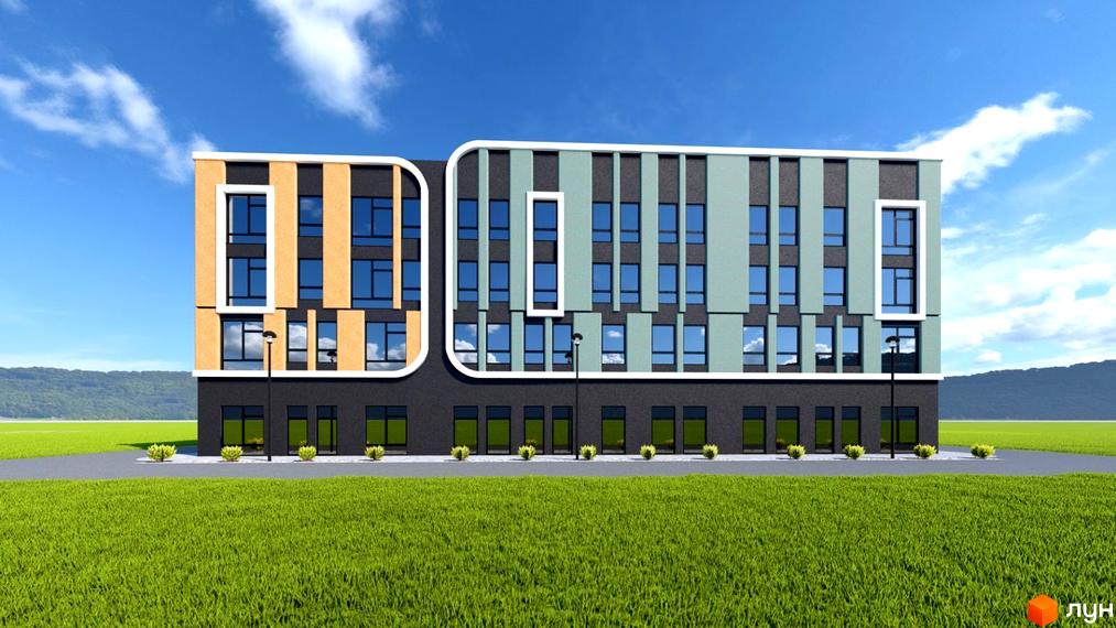 Зображення фасаду Житлового комплексу Акварель. На фото будівля з великими вікнами та зеленою прибудинковою територією.