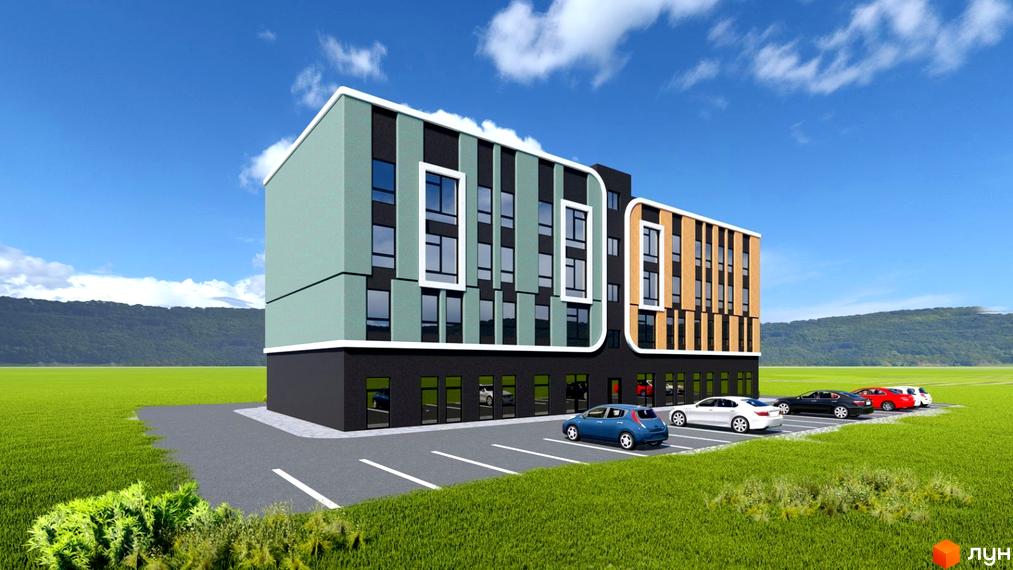 Житловий комплекс Акварель: багатоповерховий будинок із зеленими, чорними та помаранчевими фасадами, великими вікнами. Навколо – парковка та зелені поля.