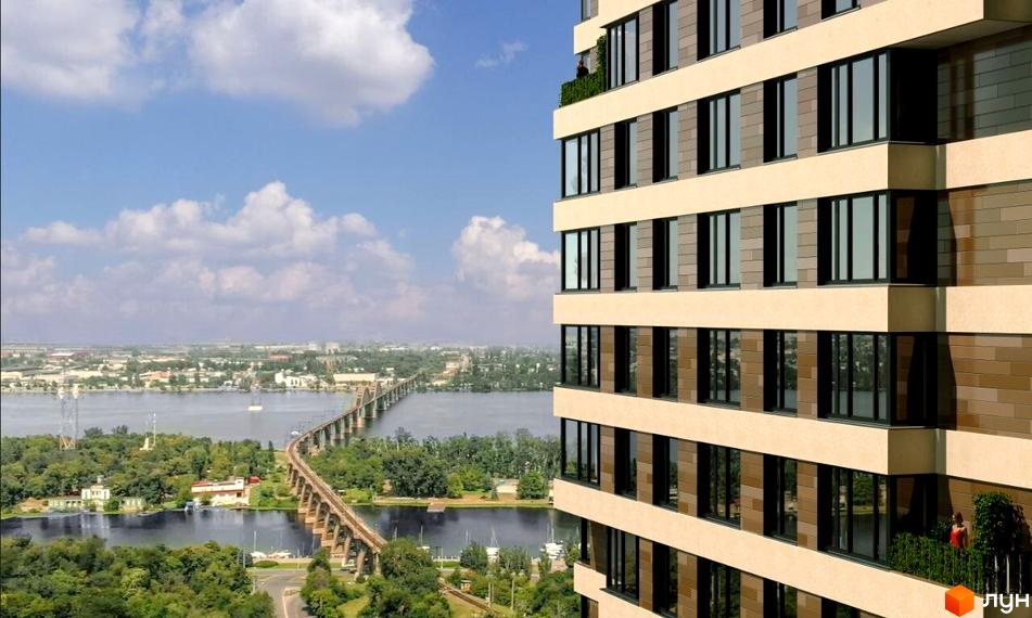 Зображення фасаду багатоповерхового будинку Житлового комплексу AURORA з великими вікнами та краєвидом на річку і міст.