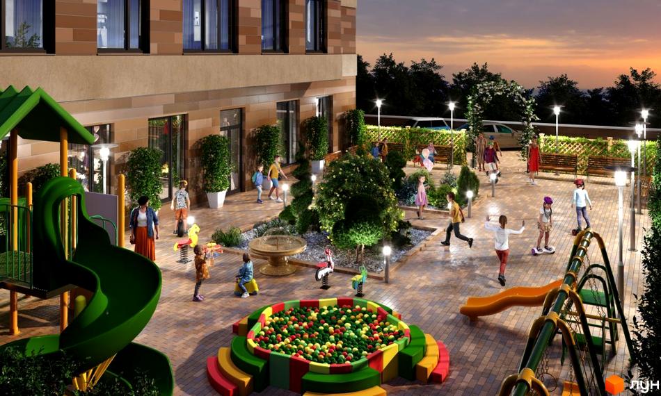 Зображення Житлового комплексу AURORA з дитячим майданчиком, гіркою та гойдалками. На задньому плані видно будівлю.