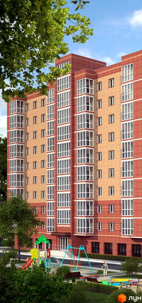 Зображення фасаду та прибудинкової території Житлового комплексу Шевченківський. Вигляд багатоповерхового будинку з червоної цегли та дитячого майданчика.