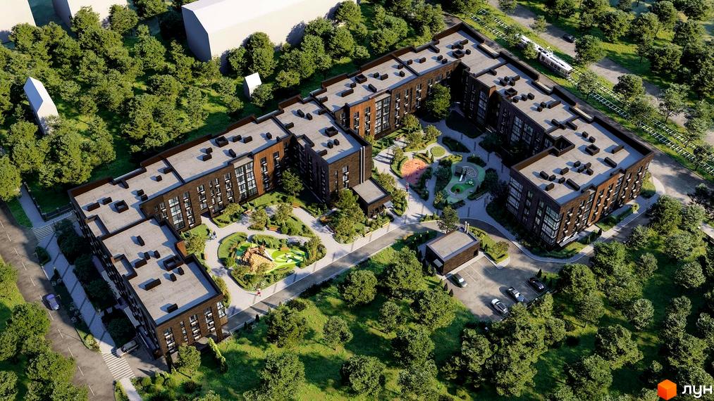 Житловий комплекс Hvoya з темними фасадами та пласким дахом, оточений зеленою прибудинковою територією з дитячими майданчиками.