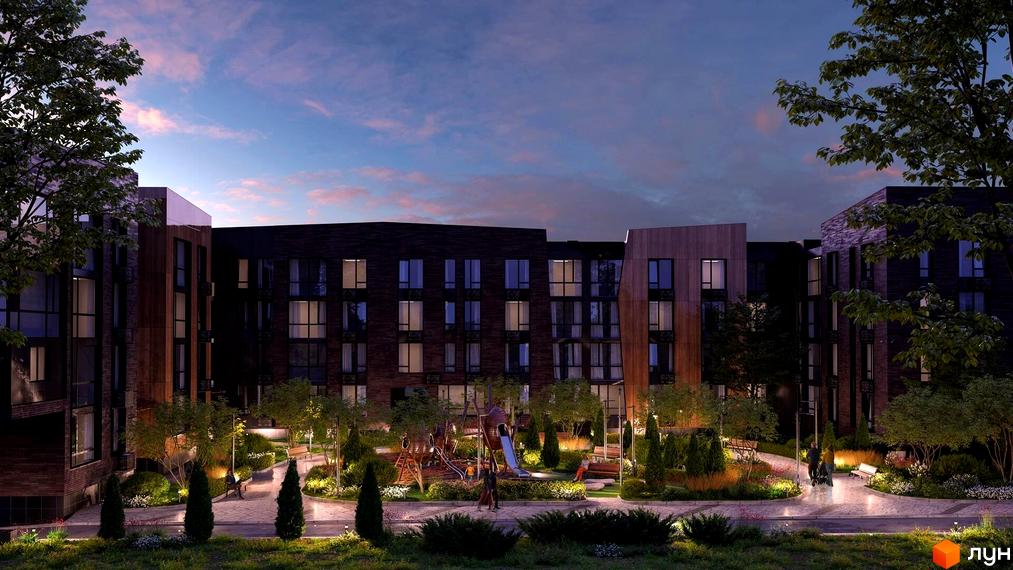 Житловий комплекс Hvoya. Зовнішній вигляд будівель з темної цегли та дерева. На території дитячий майданчик, ландшафтний дизайн з деревами та кущами, освітлення.