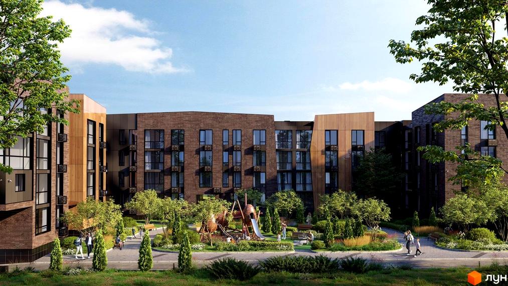 Житловий комплекс Hvoya: цегляні будинки з панорамними вікнами та дерев'яними вставками, дитячий майданчик та доглянута прибудинкова територія з алеями для прогулянок.