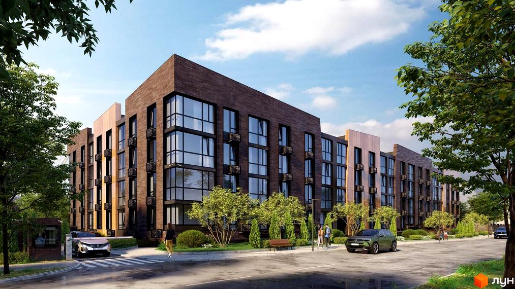 Житловий комплекс Hvoya з цегляним фасадом та великими вікнами. На прибудинковій території зелені насадження та доглянута територія.