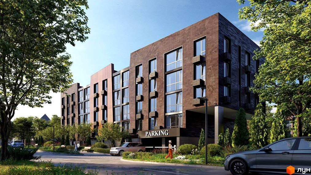 Зовнішній вигляд новобудови ЖК Hvoya з цегляним фасадом та великими вікнами. На прибудинковій території розташовані дерева та доглянуті зелені насадження.