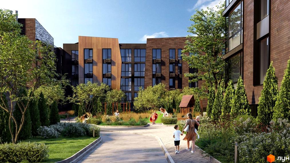 Житловий комплекс Hvoya з фасадами з цегли та дерева, дитячим майданчиком та зеленим двором. На території комплексу розташовані дерева, кущі та зони для відпочинку.