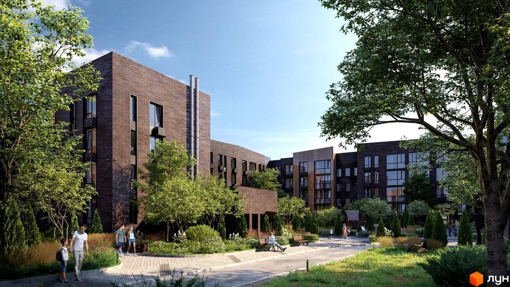 Зображення сторінки житлового комплексу Hvoya. Цегляні будинки з великими вікнами, доглянута прибудинкова територія з деревами та лавками для відпочинку.