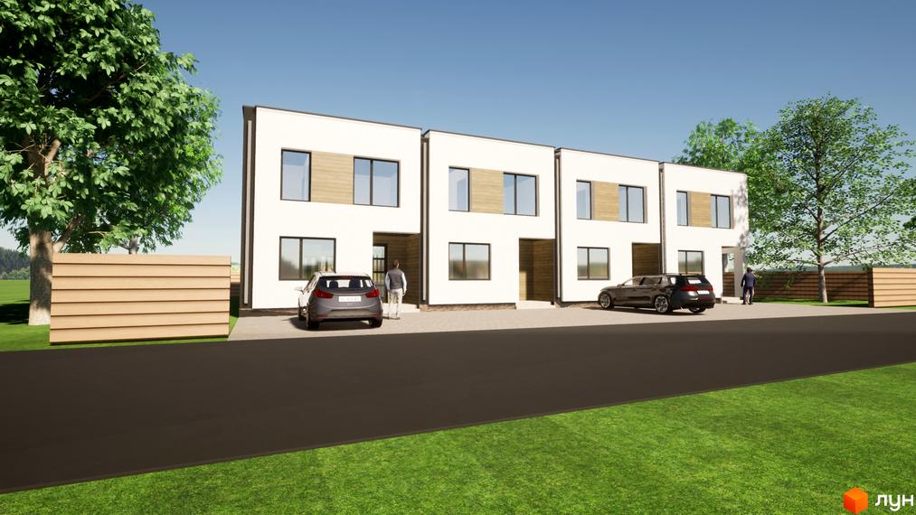 Зображення таунхаусів FranHouse 1 з білим фасадом та великими вікнами. Перед будинками припарковані автомобілі.