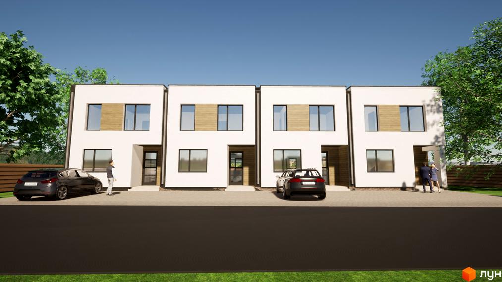 Зовнішній вигляд таунхаусів FranHouse 1 з білими фасадами та великими вікнами. Перед будинками припарковані автомобілі.