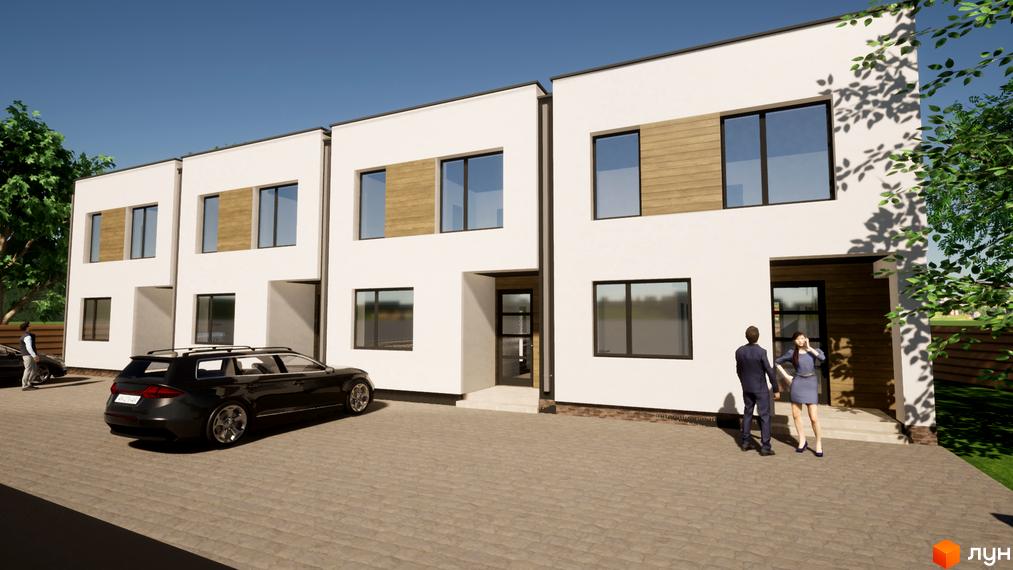 Таунхауси FranHouse 1: ряд білих двоповерхових будинків з плоскими дахами та дерев'яними вставками. Перед будинками є брукована парковка.