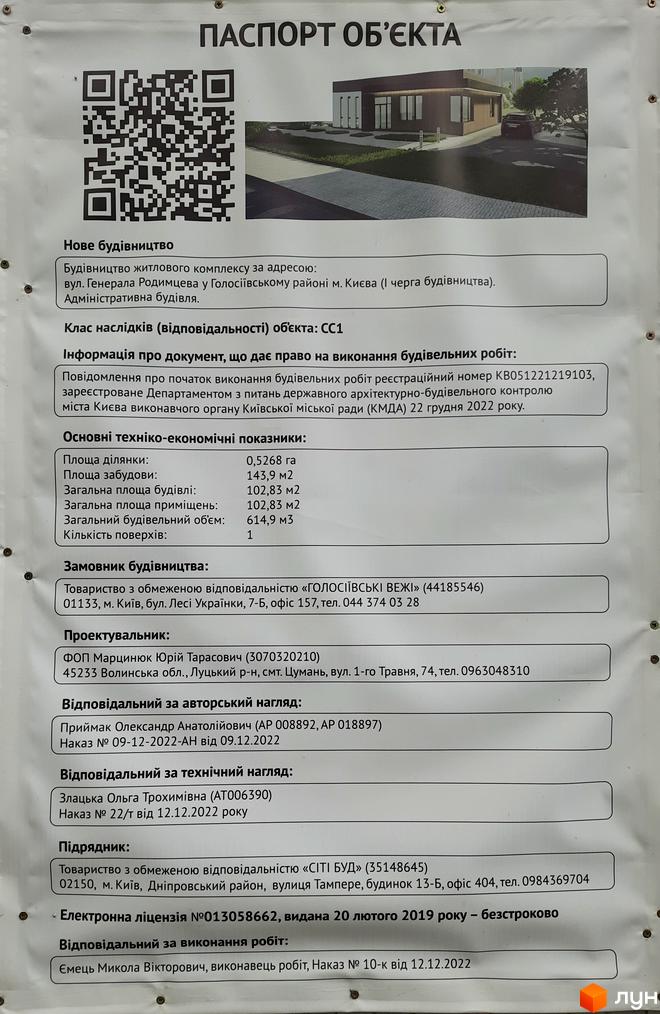 Паспорт об'єкта житлового комплексу на вул. Генерала Родимцева. Зображено одноповерхову адміністративну будівлю з великими вікнами та вимощеною прибудинковою територією.