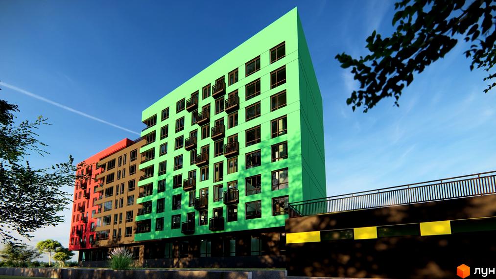 Новобудова Академічний: яскраво-зелений багатоповерховий будинок з вікнами та балконами, поруч теракотова будівля, зелені насадження та елементи благоустрою.