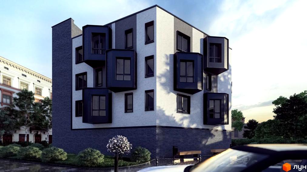 Зображення фасаду будинку в Житловому комплексі Прага Platinum. Навколо будинку висаджені декоративні кущі та дерева.