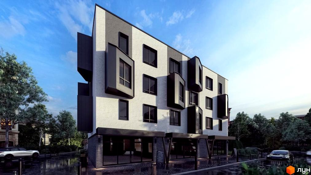 Зовнішній вигляд Житлового комплексу Прага Platinum з виступаючими вікнами та темними вставками. Навколо зелені насадження та припарковані авто.