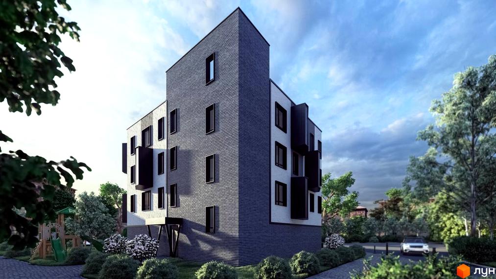 Зображення Житлового комплексу Прага Platinum з фасадом з сірої цегли та великими вікнами. Навколо будинку зелені насадження.