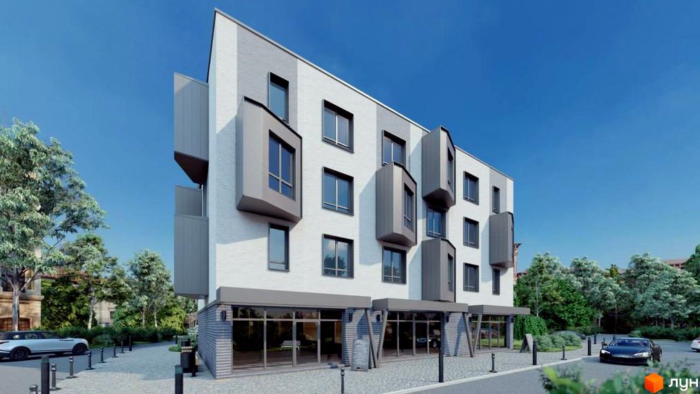 Зображення фасаду Новобудови Прага Platinum з великими вікнами та виступаючими балконами. Навколо дерева та припарковані автомобілі.