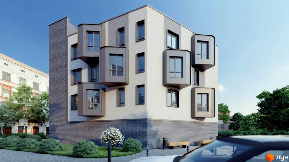 Зображення фасаду будинку Житлового комплексу Прага Platinum з виступаючими балконами та прибудинковою територією.