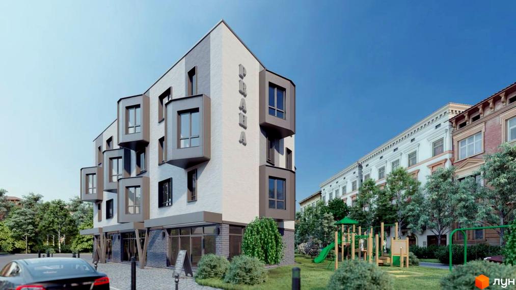 Зображення фасаду Новобудови Прага Platinum з виступаючими вікнами та зоною відпочинку з дитячим майданчиком.