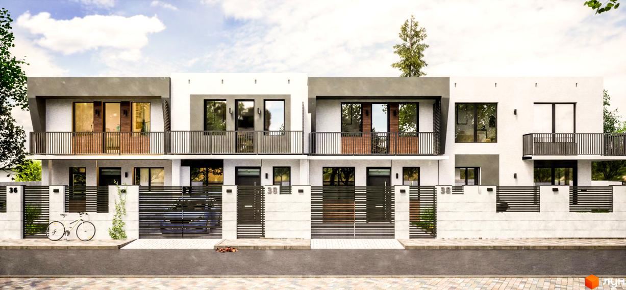 Зображення фасаду таунхаусів Garden House. Білі будинки з сірими дахами та балконами, огороджені парканом, з велосипедом біля одного з будинків.