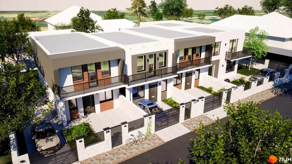 Триповерхові таунхауси Garden House з балконами та терасами, з парковкою та огородженою територією. На території є зелені насадження та доріжки.