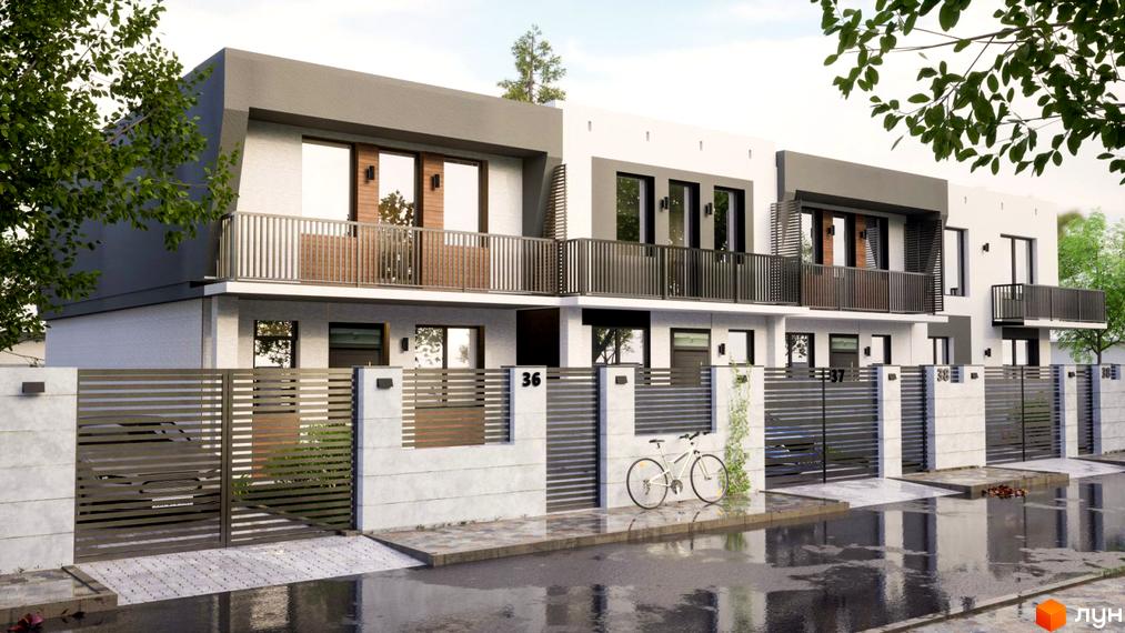 Зображення сторінки Garden House. Двоповерхові таунхауси з балконами та огородженою територією, облаштованою парканом та тротуаром.