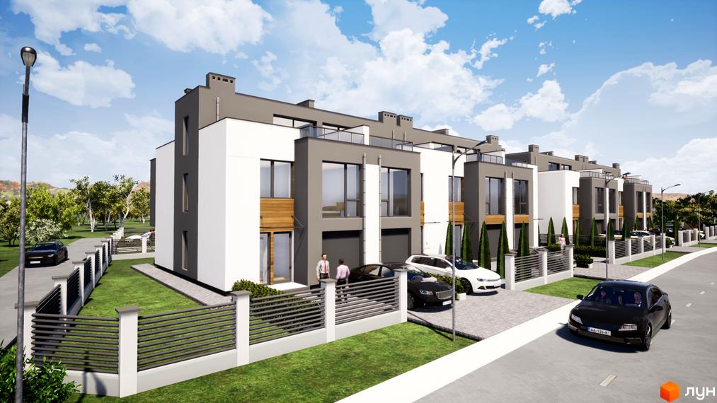 Ряд таунхаусів FranHouse 2 з біло-сірими фасадами та великими вікнами. Перед будинками зелені газони, огорожі та бруковані під'їзди.