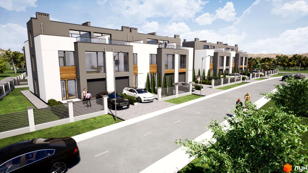 Зображення таунхаусів FranHouse 2 з сірими дахами та білими стінами. На передньому плані дорога, зелені насадження та припарковані автомобілі.