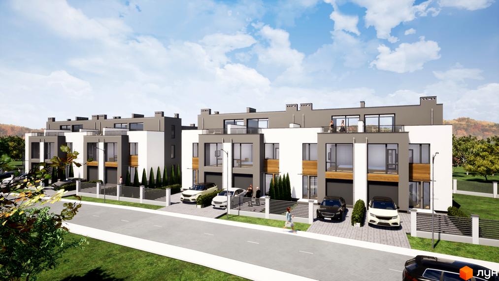 Таунхауси FranHouse 2: ряд триповерхових будівель з біло-сірими фасадами та великими вікнами. Перед ними доріжки, газони та автомобілі.