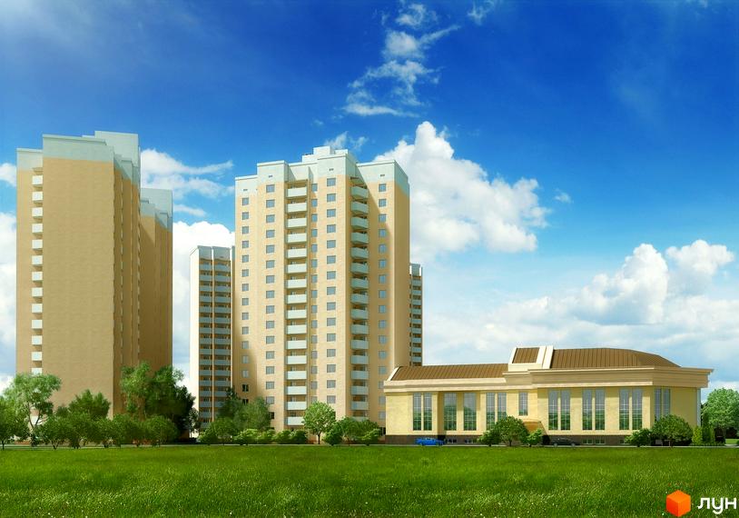 Житловий комплекс на вул. Грушевського, 21а. Сучасні багатоповерхові будинки з балконами та прибудинкова територія з зеленим газоном та деревами.