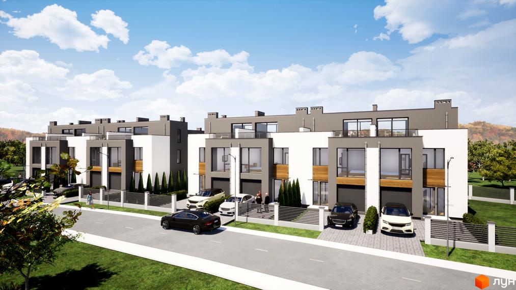 Зображення таунхаусів FranHouse 2 з сірими дахами та білими стінами. Перед будинками припарковані автомобілі.