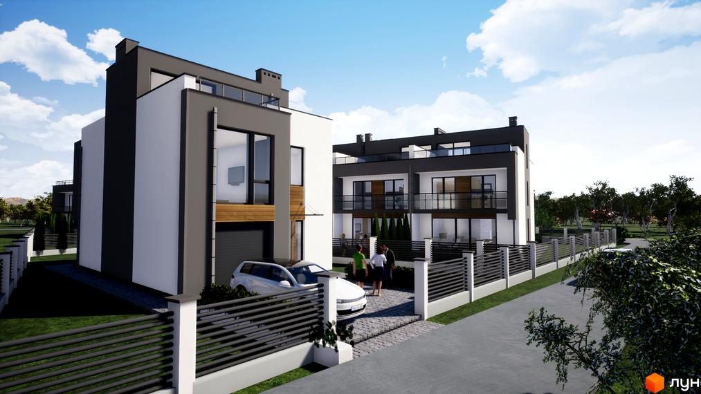 Таунхауси FranHouse 2 з двоповерховими фасадами у темно-сірих та білих кольорах, великими вікнами. Прибудинкова територія має вимощені доріжки та зелені газони.