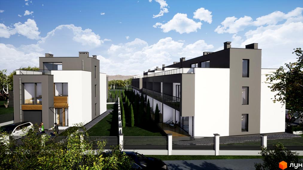Зображення таунхаусів FranHouse 2 з біло-сірим фасадом та прибудинковою територією з зеленими насадженнями.