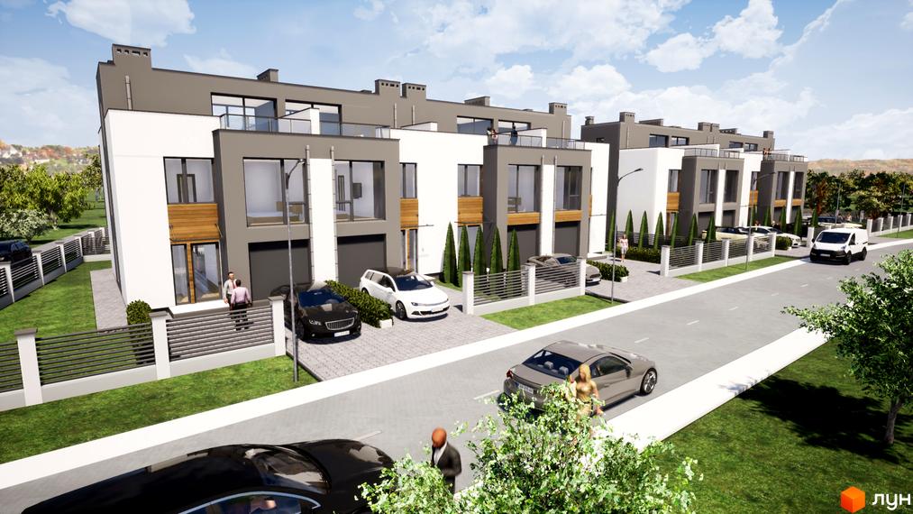 Зображення таунхаусів FranHouse 2 з прибудинковою територією та автомобілями. Вигляд житлового комплексу з вулиці.